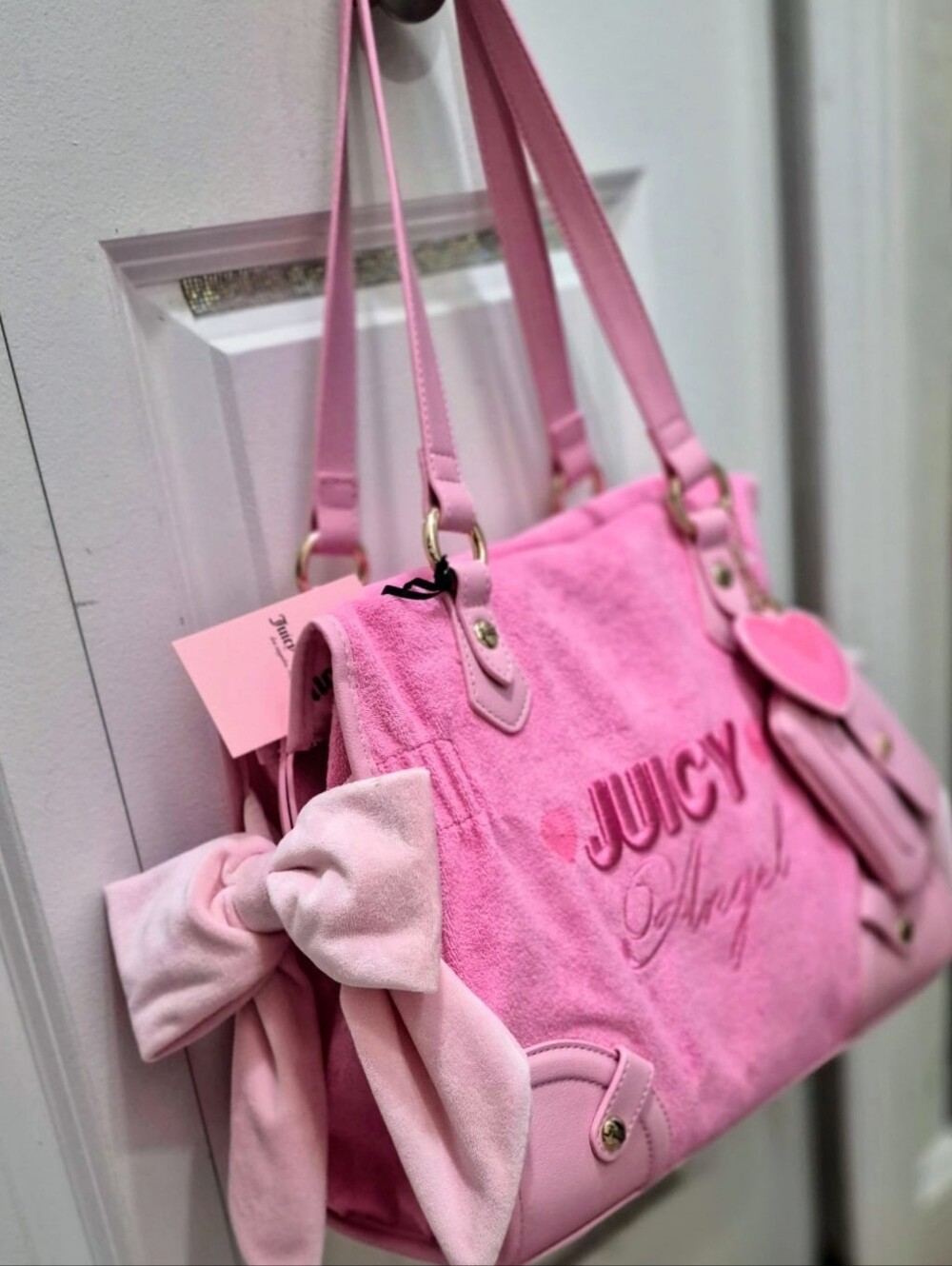 💘*Juicy Angel* Embroidered, Pink Sequins Velour Tote💕 - Picture 2 of 14